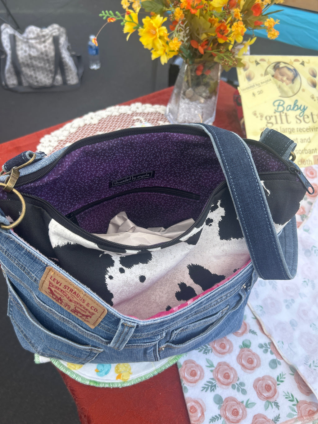 Cow print and Denim Handbag