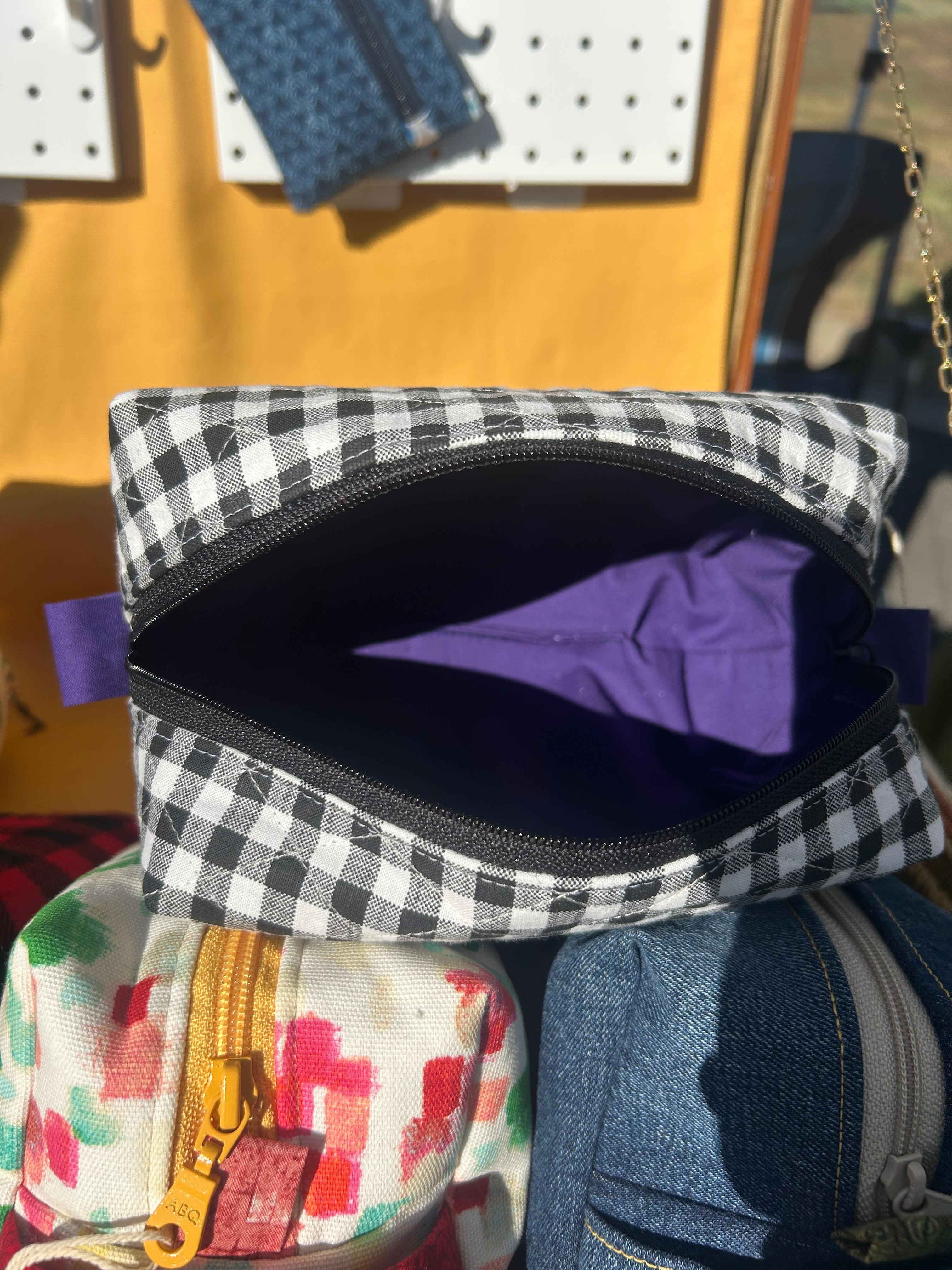 Black and White Checkers box bag with purple lining