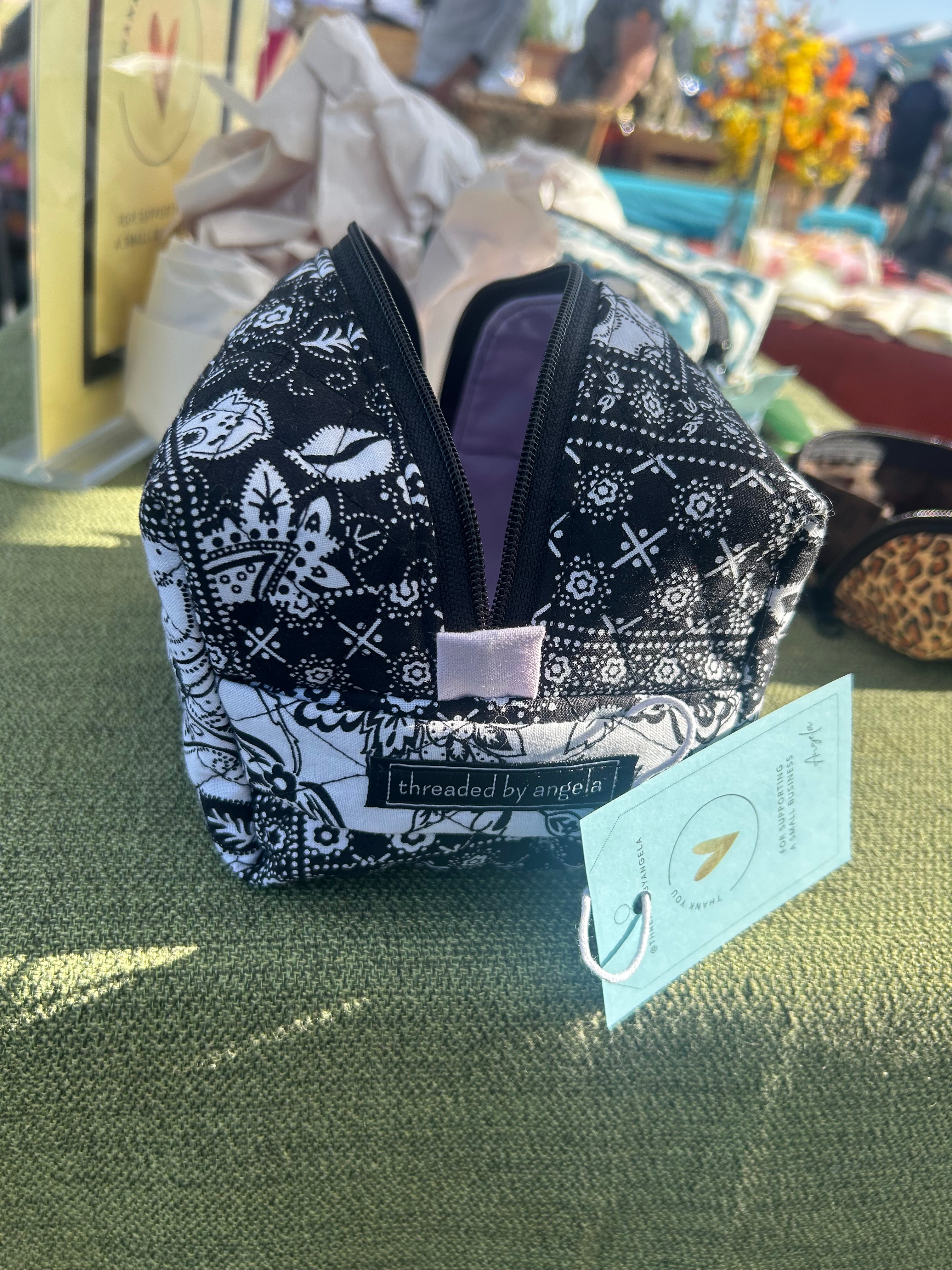 Black and White Flowers Box Bag with brown lining