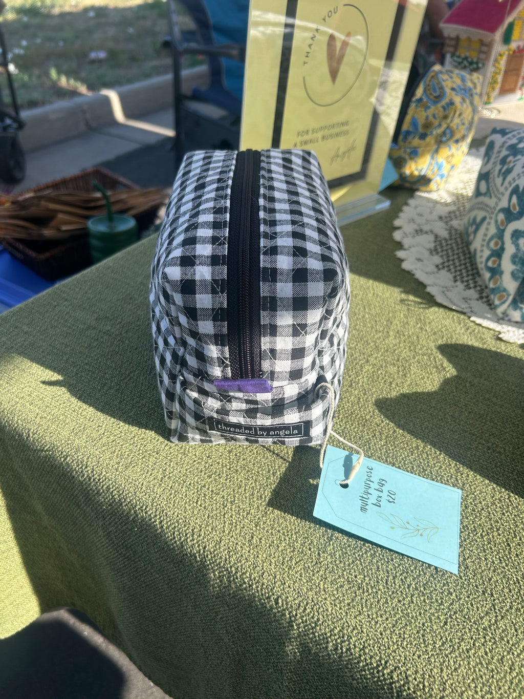 Black and White Checkers box bag with purple lining